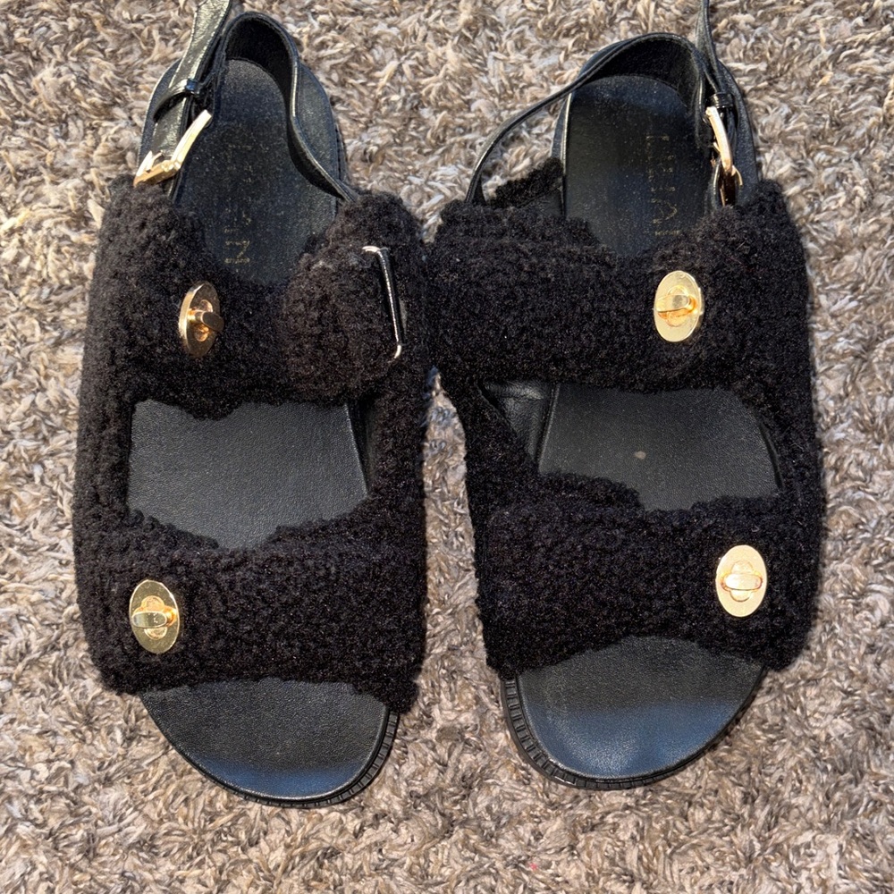 Liliana Black Fuzzy Sandals with Gold Accents